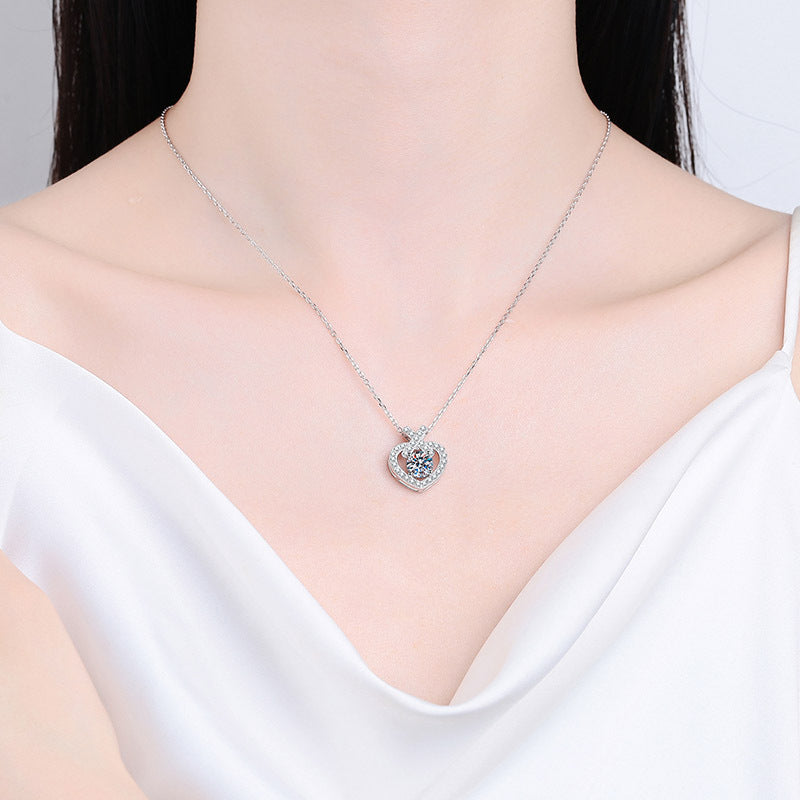 925 Sterling Silver Heart Pendant Necklace - 1CT Moissanite PT950-Plated Elegant Chain