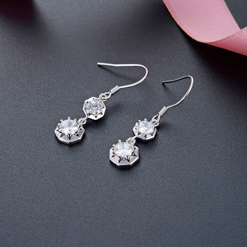 925 Sterling Silver Round Zircon Drop Earrings - Korean Style Geometric Dangle Earrings for Women