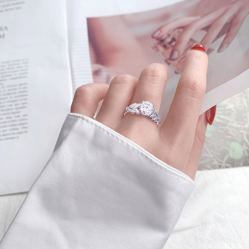 925 Silver Leaf Statement Ring with 2ct Moissanite Rhodium Plated Bold Women's Jewelry Size 5-8