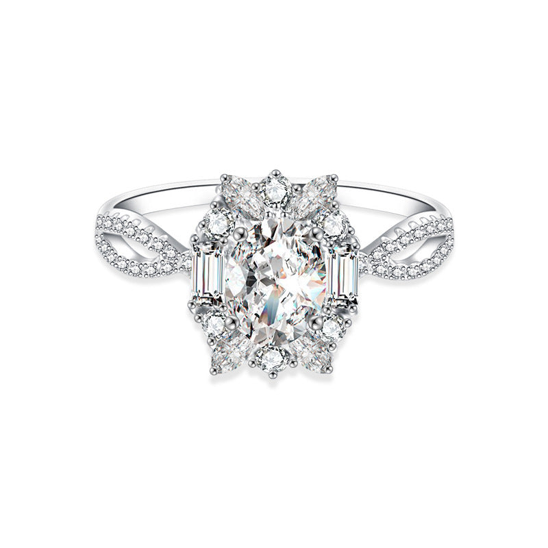 925 Silver U-Shaped Petal Design Ring with 5x7mm Oval Moissanite Rhodium Plated Women's Jewelry Size 6-9