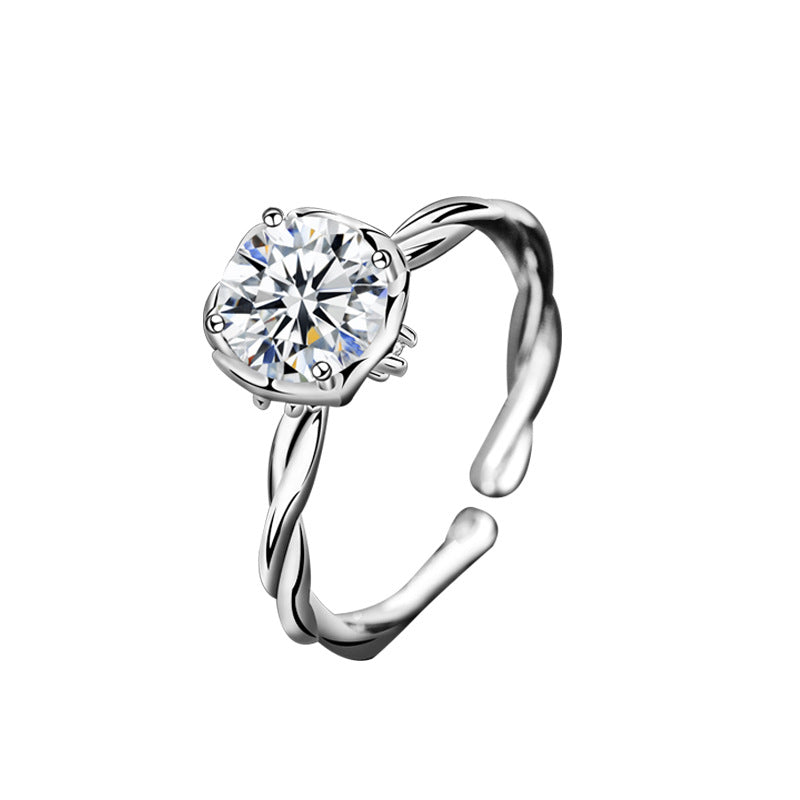 925 Silver Wave Design Adjustable Ring with 1ct Moissanite Heart Detail Rhodium Plated Edgy Feminine Jewelry
