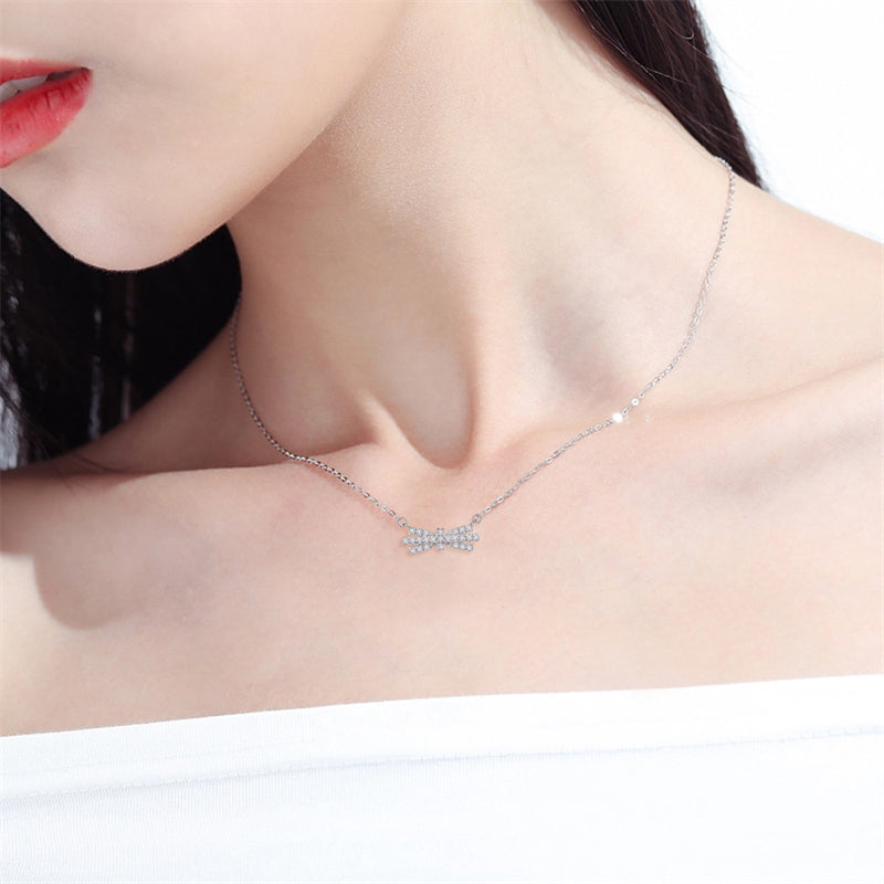 925 Sterling Silver Bow Pendant Necklace – Dainty Cubic Zirconia Collarbone Chain for Women