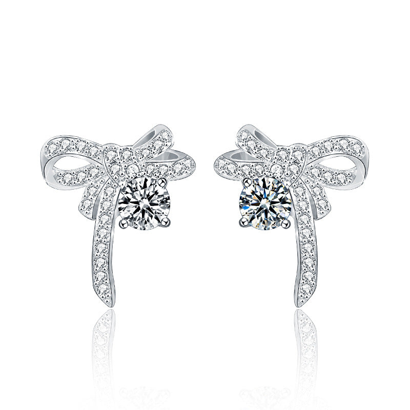925 Sterling Silver Bow Stud Earrings with 0.5ct Moissanite Micro-Paved Minimalist Elegant Jewelry for Women