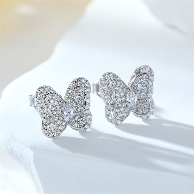 925 Sterling Silver Butterfly Stud Earrings – Elegant Zircon Bow Design for Women