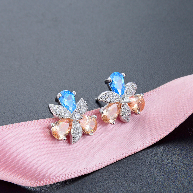 925 Sterling Silver Crystal Floral Stud Earrings - Korean Style Geometric Flower Earrings with Plastic Backs