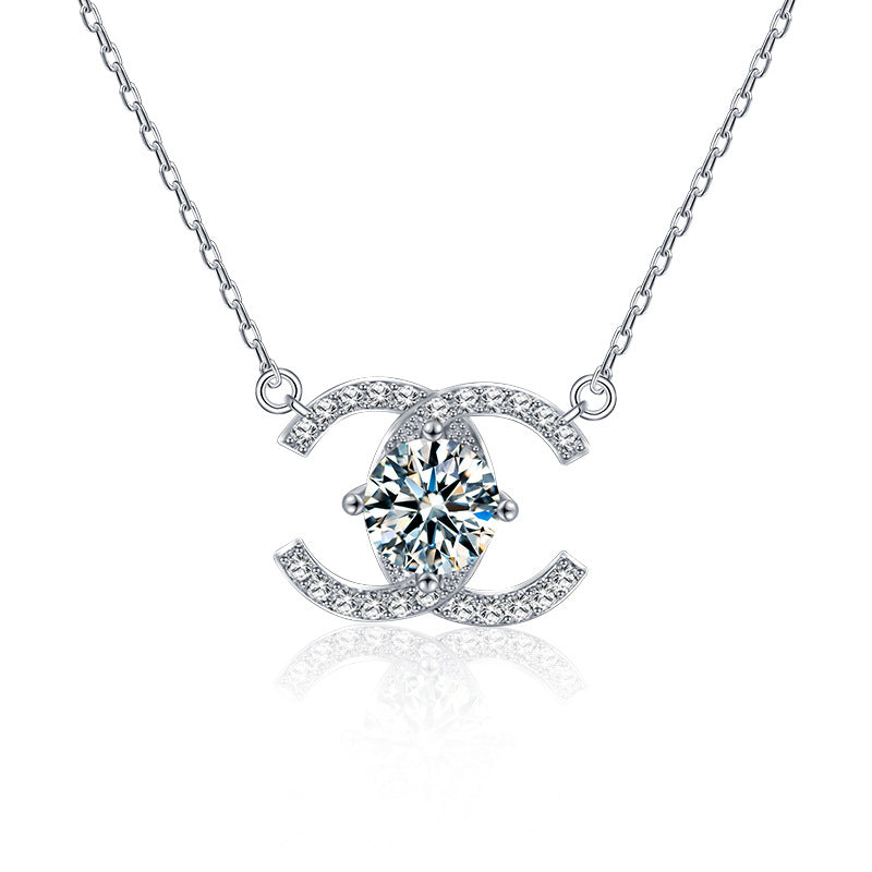 925 Sterling Silver Double Circle Pendant Necklace with 1ct Moissanite Cross Chain Women's Rhodium Plated Jewelry