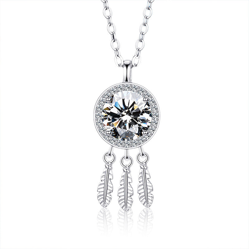 925 Sterling Silver Dreamcatcher Pendant Necklace with 1ct Moissanite Classic Chain Women's Premium White Gold Plated Jewelry