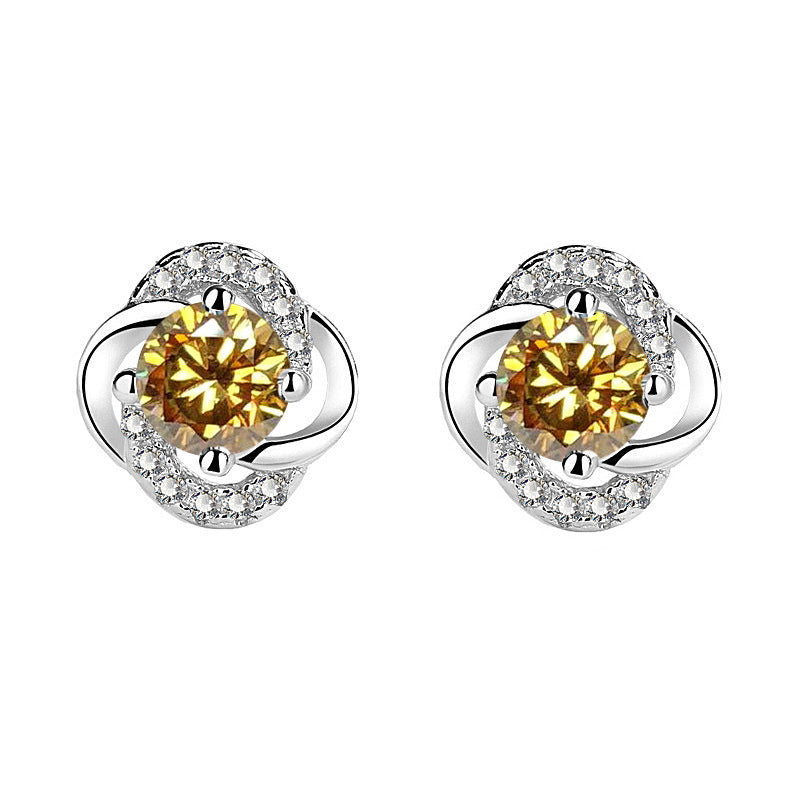 925 Sterling Silver Floral Leaf Geometric Stud Earrings with White Green Champagne Moissanite Elegant Everyday Jewelry for Women