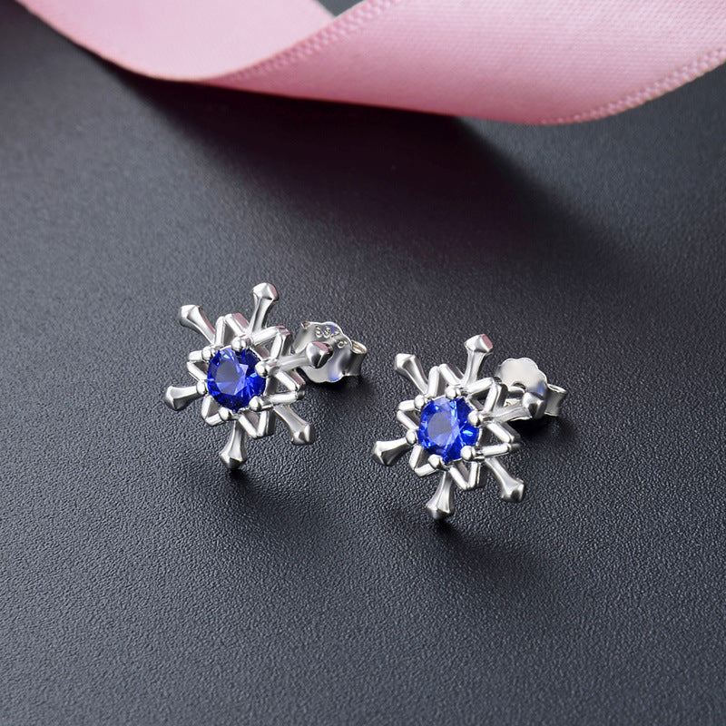 925 Sterling Silver Floral Stud Earrings - Korean Style Diamond Accent Geometric Earrings with Plastic Stoppers