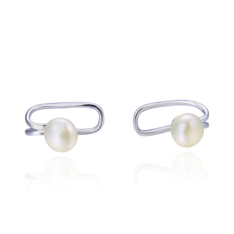 925 Sterling Silver Freshwater Pearl Clip-On Earrings - Korean Style U-Shaped Geometric Earrings for Non-Pierced Ears