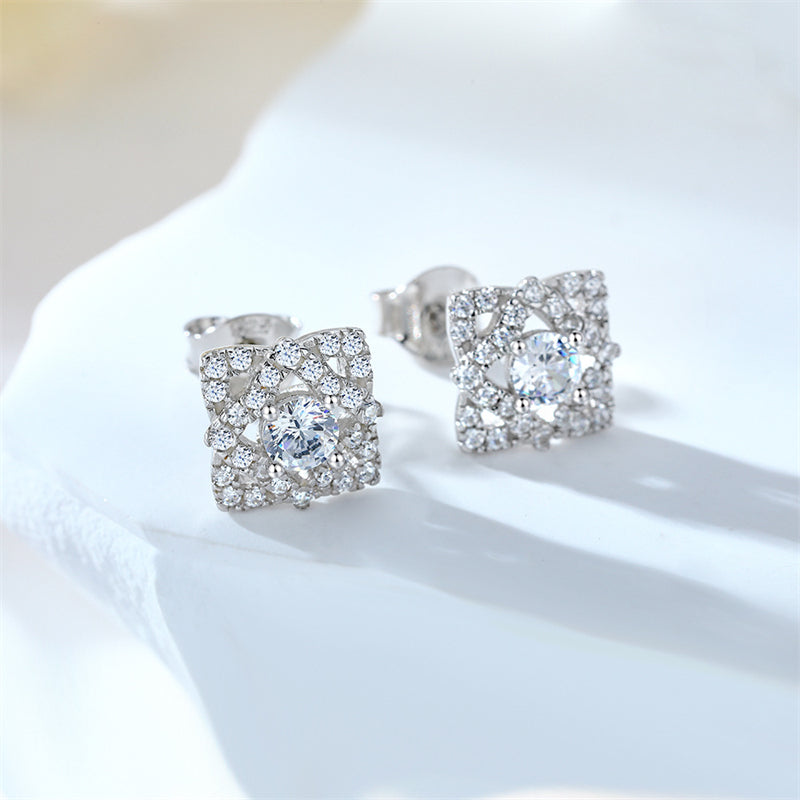 925 Sterling Silver Full Zircon Diamond Earrings for Women Elegant Rhombus Stud Earrings White Gold Plated