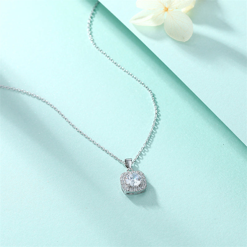925 Sterling Silver Geometric Square Necklace - Contemporary Zircon Jewelry