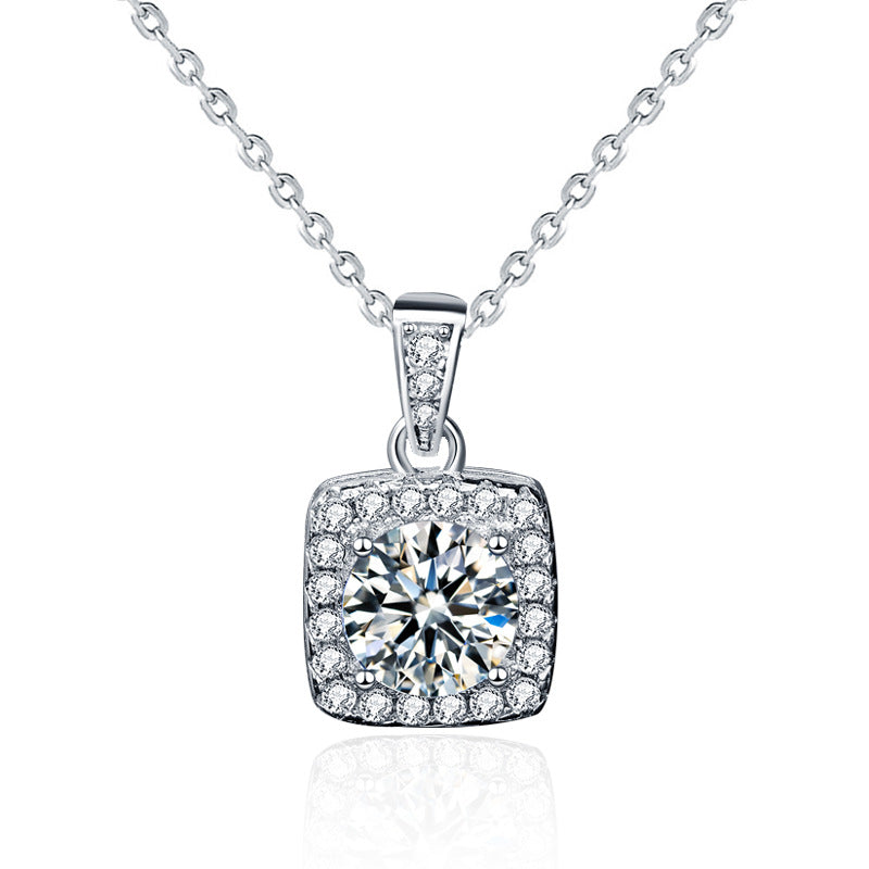 925 Sterling Silver Geometric Square Pendant Necklace with 1ct Moissanite & Cross Chain - White Gold Plated Adjustable Length