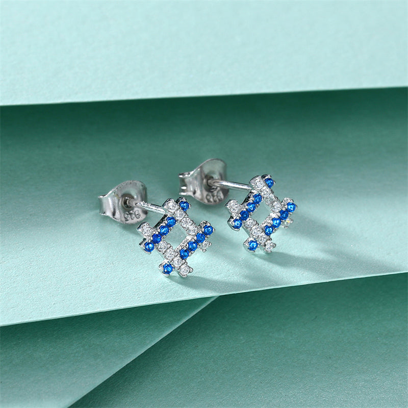 925 Sterling Silver Geometric Stud Earrings – Modern Diamond & Square Zircon Design