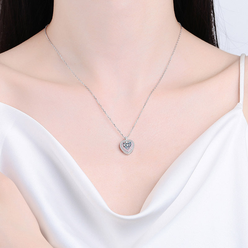 925 Sterling Silver Heart-Shaped Pendant Necklace - 1CT Moissanite PT950 Rose Gold Plated Chain