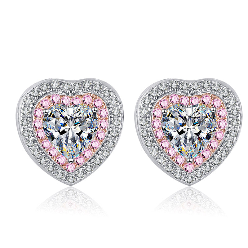 925 Sterling Silver Heart Halo Stud Earrings with Moissanite – PT950 Rose Gold Plated