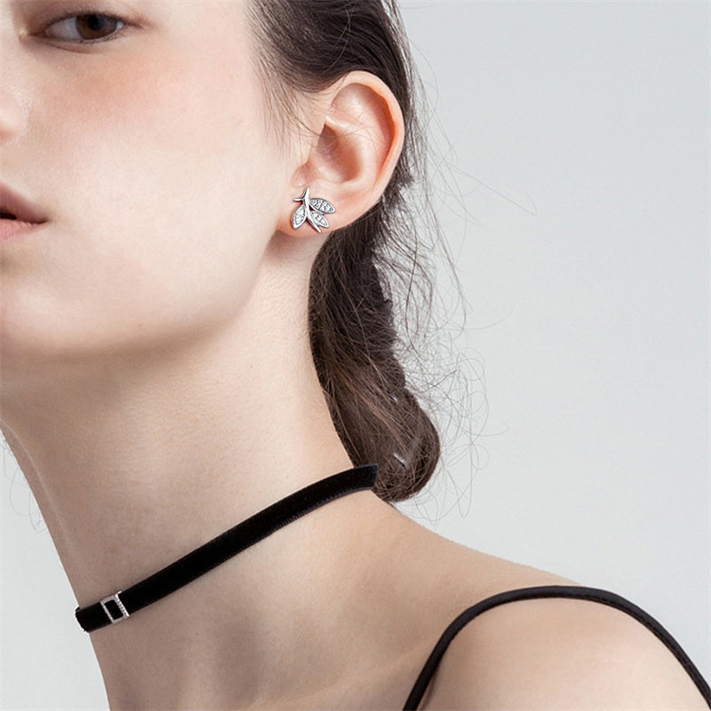 925 Sterling Silver Leaf Stud Earrings – Elegant Zircon Botanical Jewelry