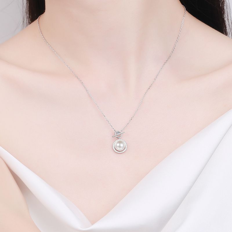 925 Sterling Silver Lock Pendant Necklace - 0.14CT Moissanite & 8mm Freshwater Pearl Chain