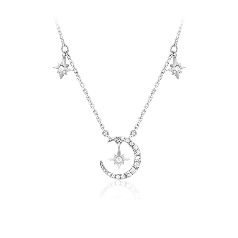 925 Sterling Silver Moon & Star Pendant Necklace - Rose Gold or White Gold Plated Zirconia Cross Chain Boho Jewelry