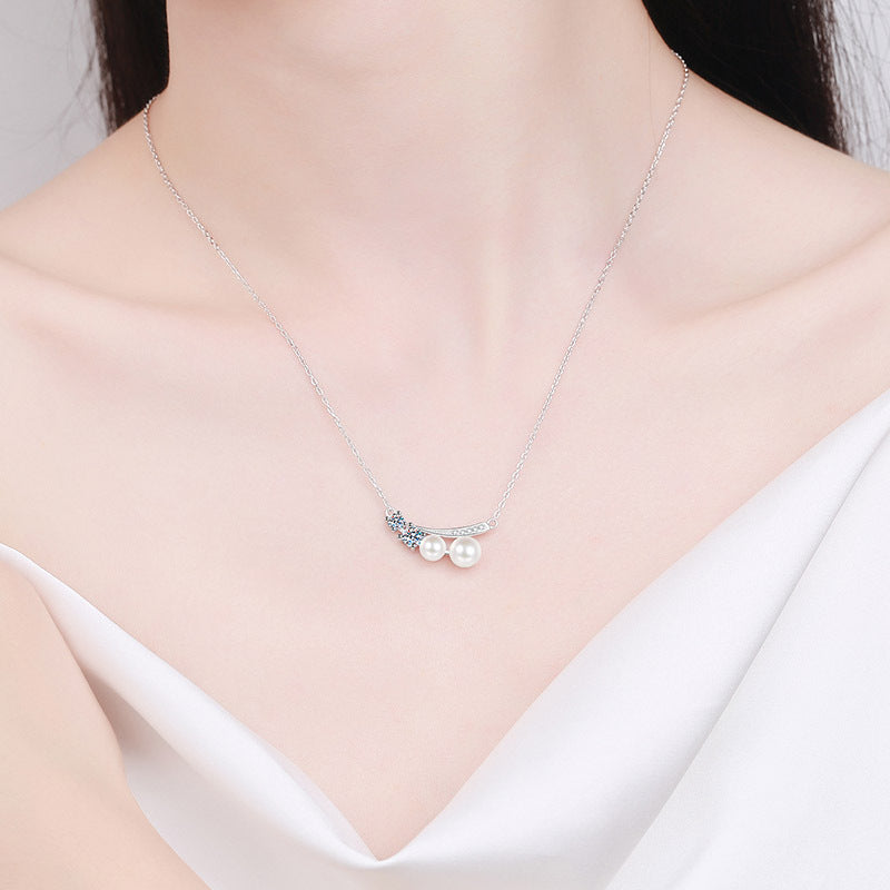 925 Sterling Silver PT950-Plated Geometric Pendant Necklace - 0.43CT Moissanite & Freshwater Pearl Chain