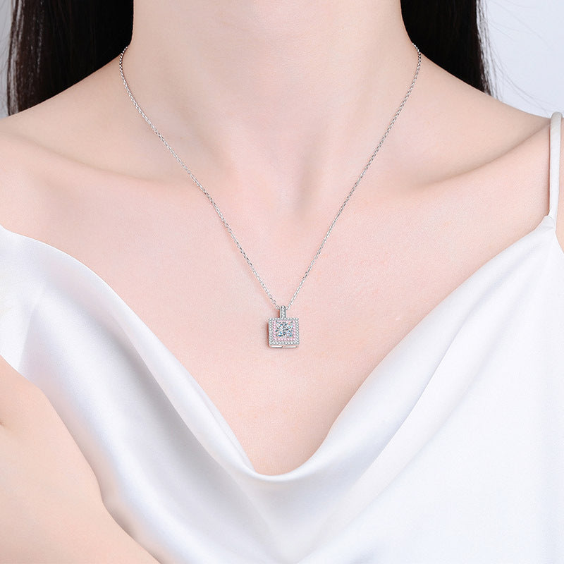 925 Sterling Silver PT950-Plated Sugar Cube Pendant Necklace - 1CT Moissanite Rose Gold Chain