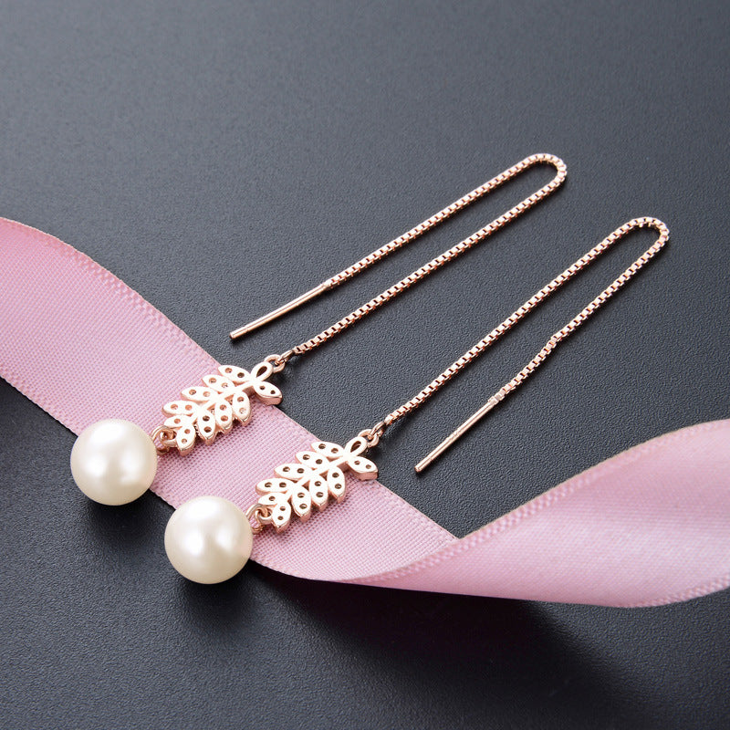 925 Sterling Silver Pearl Drop Earrings - Korean Style Geometric Dangle Earrings with Plastic Ear Stoppers