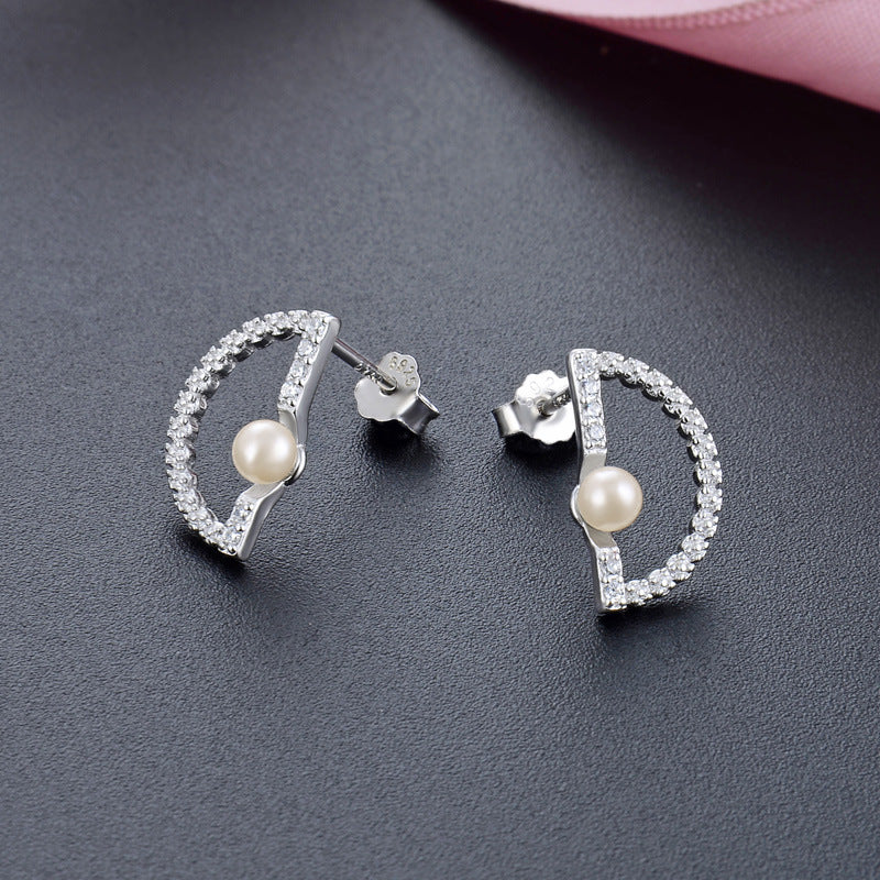 925 Sterling Silver Pearl Stud Earrings - Korean Style Shell Pearl Earrings with Plastic Backs for Women