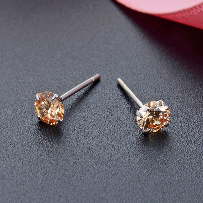 925 Sterling Silver Round Cut Diamond Stud Earrings0.5-0.8g, White/Black/Purple/Champagne CZ Options with Rubber Backs, Unisex Minimalist Jewelry