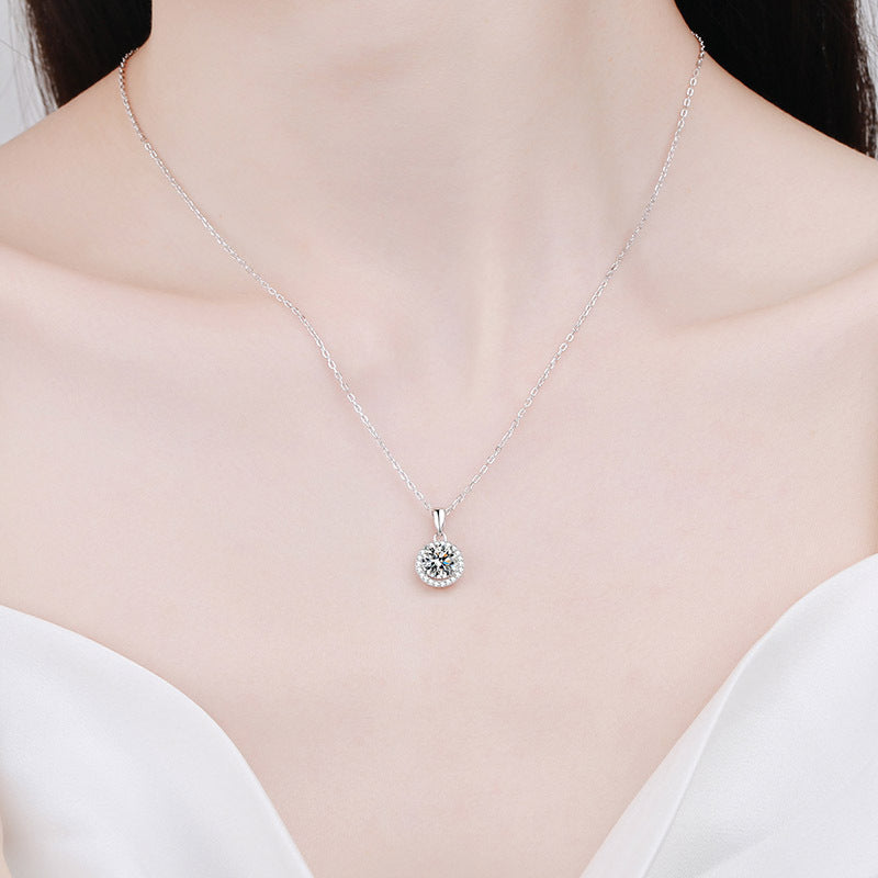 925 Sterling Silver Round Halo Pendant Necklace - 1CT Moissanite PT950-Plated Collarbone Chain