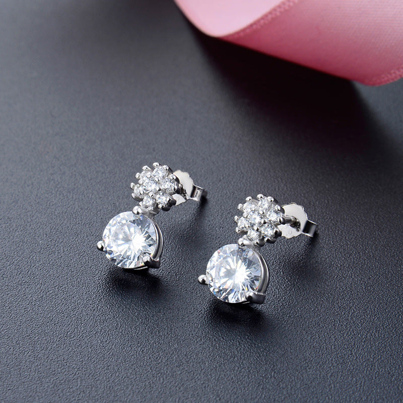 925 Sterling Silver Round Stud Earrings - Korean Style Diamond Accent Geometric Earrings with Plastic Stoppers