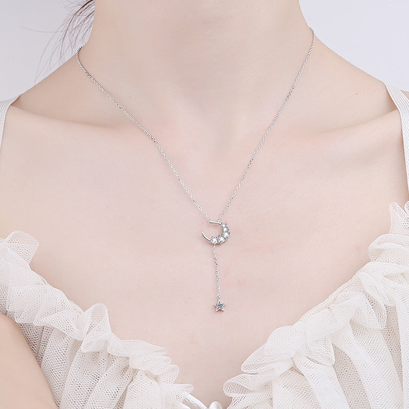 925 Sterling Silver Star & Moon Pendant Necklace - 0.4CT Moissanite Bohemian-Inspired Chain
