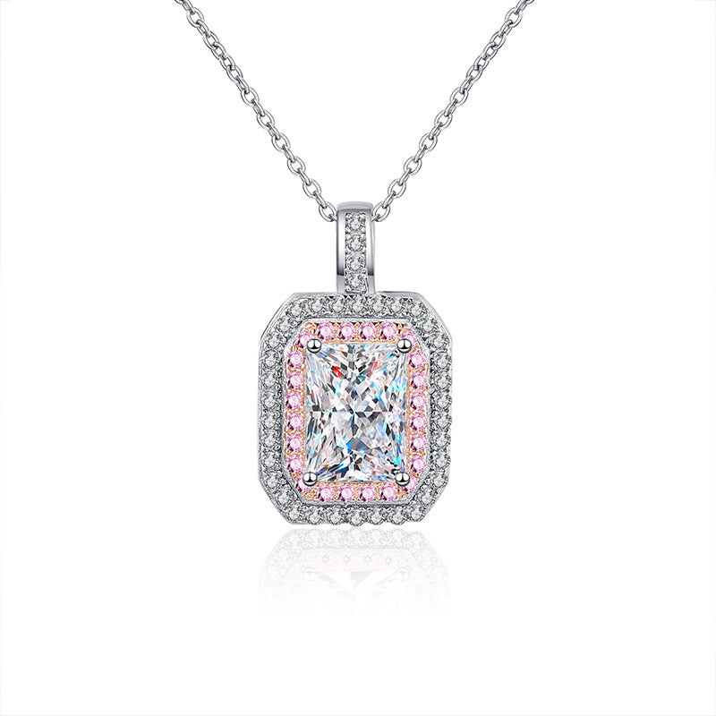 925 Sterling Silver Sugar Cube Pendant Necklace with 1ct 5*7mm Moissanite & Cross Chain - Rhodium Plated Women's Versatile Jewelry