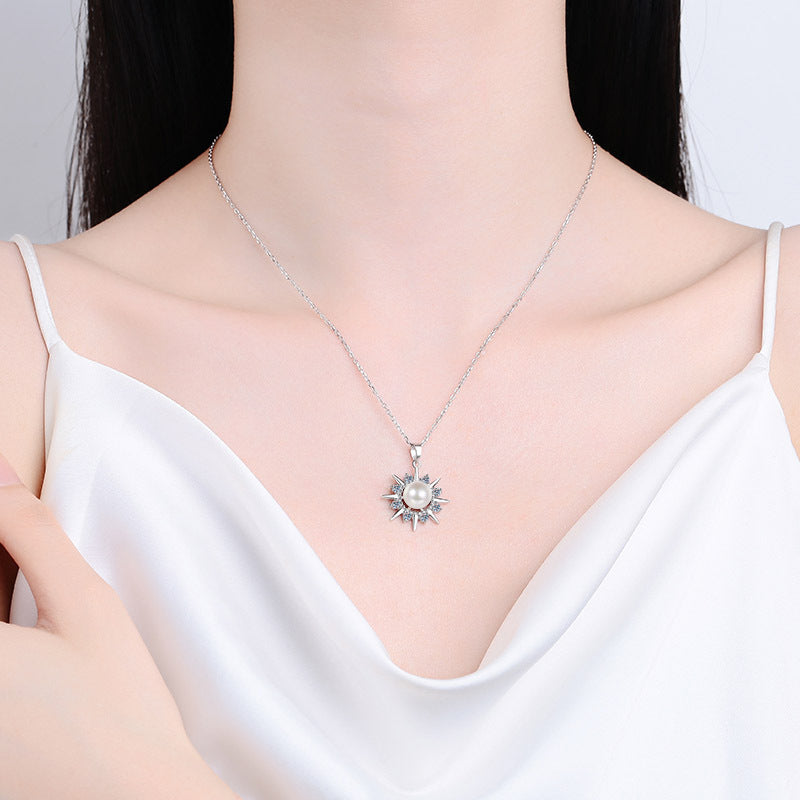 925 Sterling Silver Sunflower Pendant Necklace - 0.32CT Moissanite & 8mm Freshwater Pearl PT950-Plated Chain