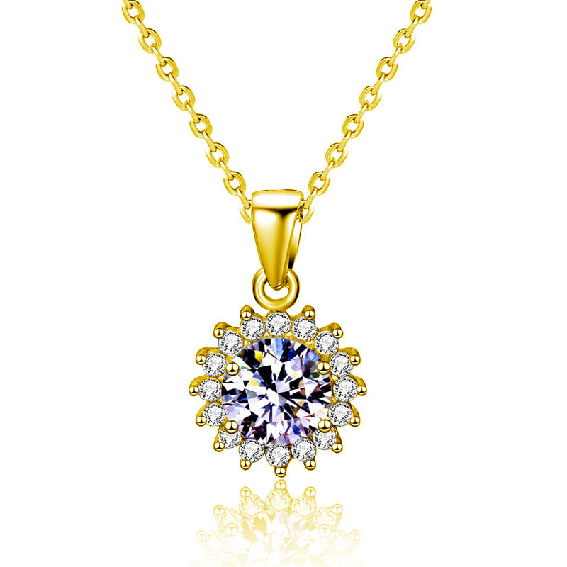 925 Sterling Silver Sunflower Pendant Necklace with 1ct or 4ct D Color Moissanite Cross Chain Women's White or Yellow Gold Plated Jewelry