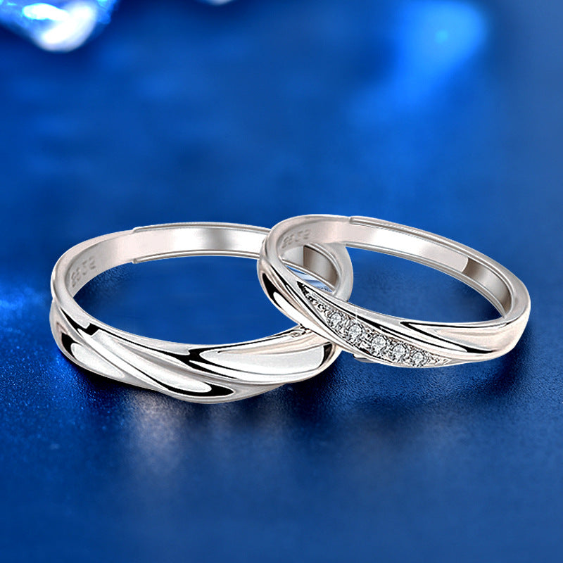925 Sterling Silver Wave Couple Rings with Zircon - White Gold Plated Matching Bands (1.4g/1.6g)
