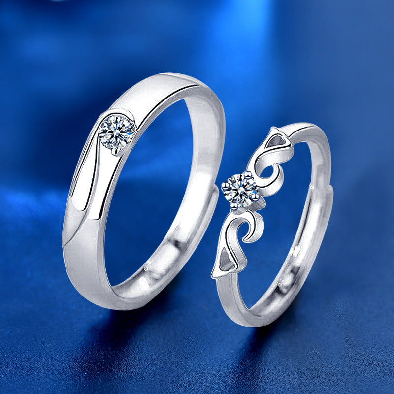 925 Sterling Silver Wing Couple Rings - His 0.3ct & Her 0.5ct Moissanite Adjustable Minimalist Bands in White Gold