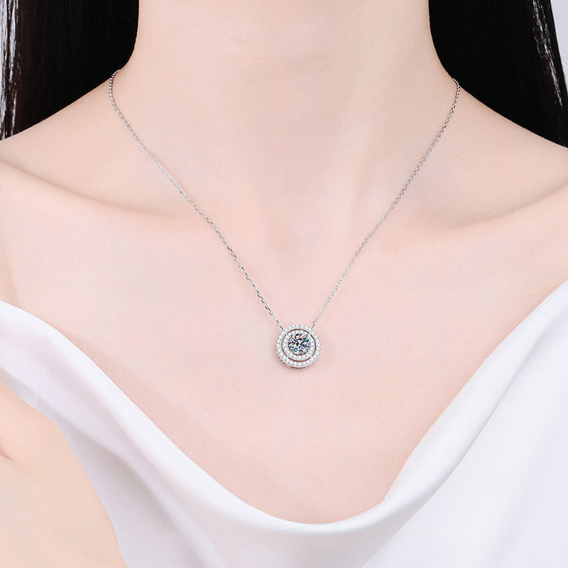 925 Sterling Silver Double Circle Pendant Necklace - 0.5CT to 2CT Moissanite PT950-Plated Collarbone Chain