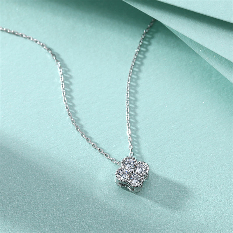 925 Sterling Silver Four-Leaf Clover Pendant Necklace - Lucky Charm Full Zirconia Collarbone Chain