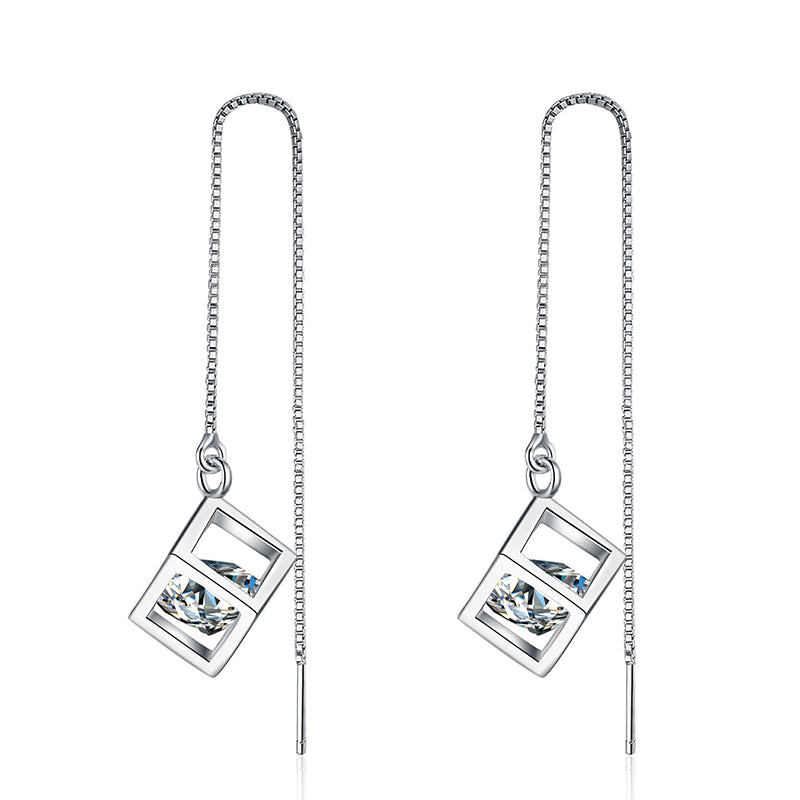 S925 Sterling Silver Love Cube Drop Earrings - 1CT/2CT Moissanite Tassel Earrings with Tree Motif