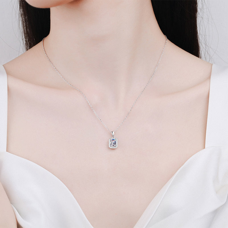 925 Sterling Silver PT950-Plated Necklace - 1CT Emerald/Radiant Cut Moissanite Collarbone Chain