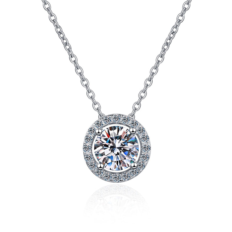 925 Sterling Silver Round Halo Pendant Necklace - Minimalist Moissanite Choker for Women