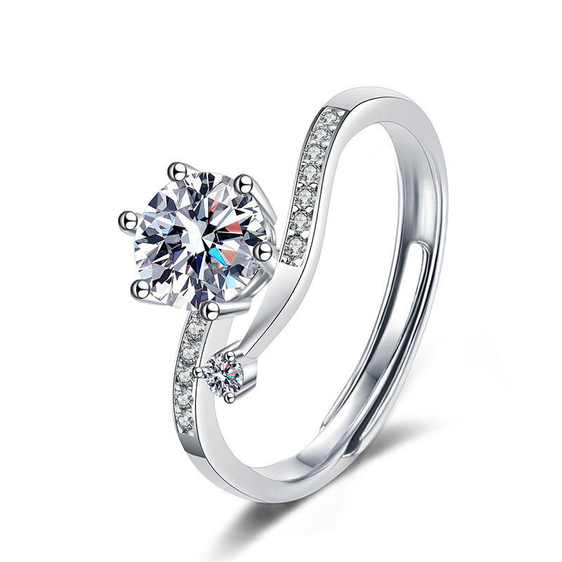 Adjustable Asymmetric 925 Silver Ring with 1ct Moissanite Instagram Style Women's Fashion Jewelry