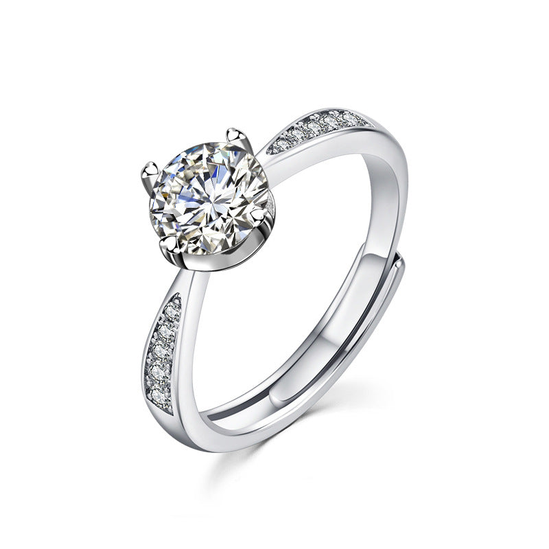 Adjustable Geometric 925 Silver Ring with 1ct Moissanite and Hearts & Arrows Zircon Heavy 0.05um Rhodium Plated