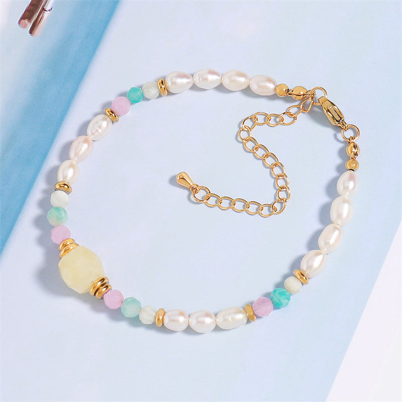 Handmade Irregular Asymmetrical Geometric Bracelet - Mixed Natural Stone, Pearl & Stainless Steel, Korean Style Sweet Fresh Gold Plated Women's Jewelr
