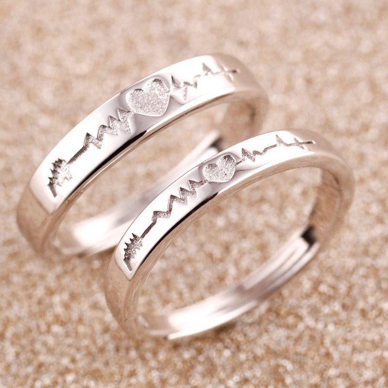 Heartbeat Couple Rings - 925 Sterling Silver ECG Rhythm Adjustable Matching Set