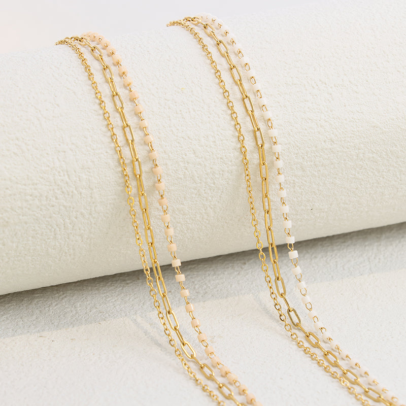 Delicate Pink Beaded Bracelet - Stainless Steel Curb & O-Link Chain Jewelry