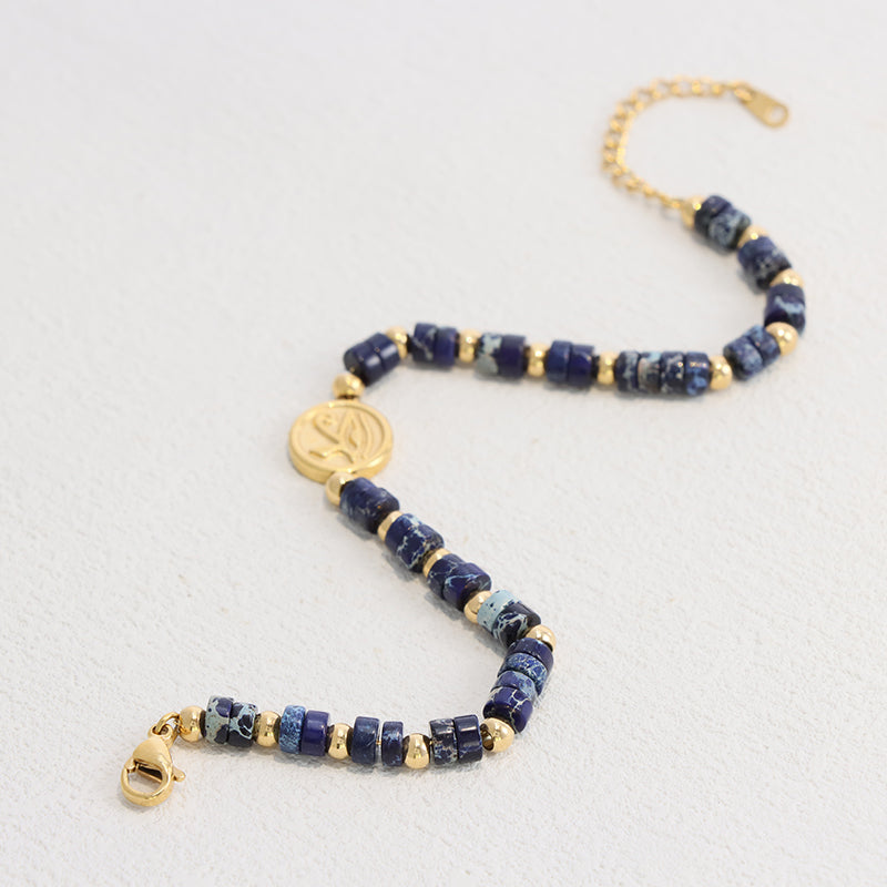 Blue Lapis Lazuli Beaded Bracelet - Gold Accented Stainless Steel Statement Jewelry