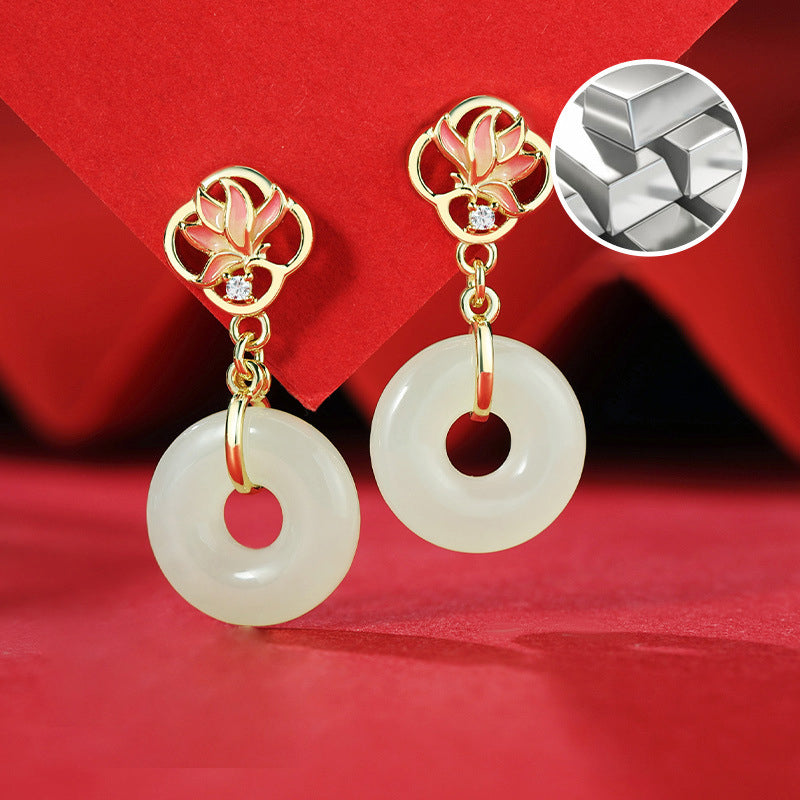 925 Sterling Silver Orchid Earrings - Chinese Style Floral Dangle Earrings for Women