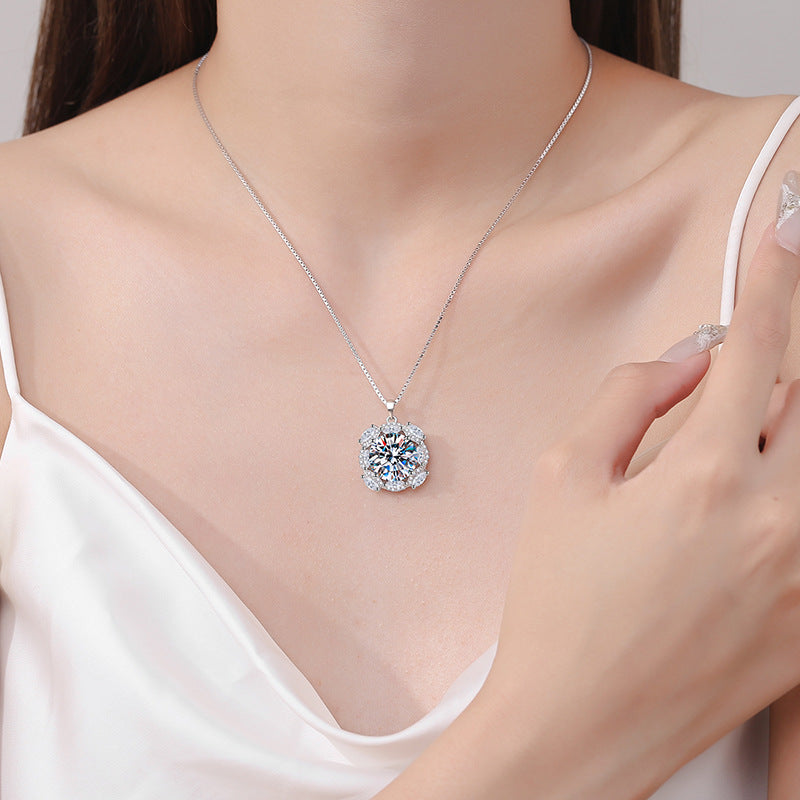 S925 Sterling Silver 10CT Moissanite Pendant Necklace - Luxury Floral Statement Collarbone Chain