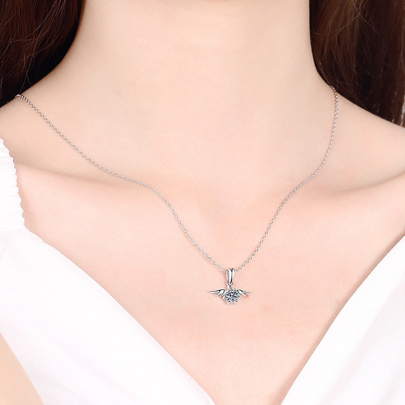 S925 Sterling Silver Angel Wing Pendant Necklace - 0.5CT Moissanite PT950-Plated Collarbone Chain